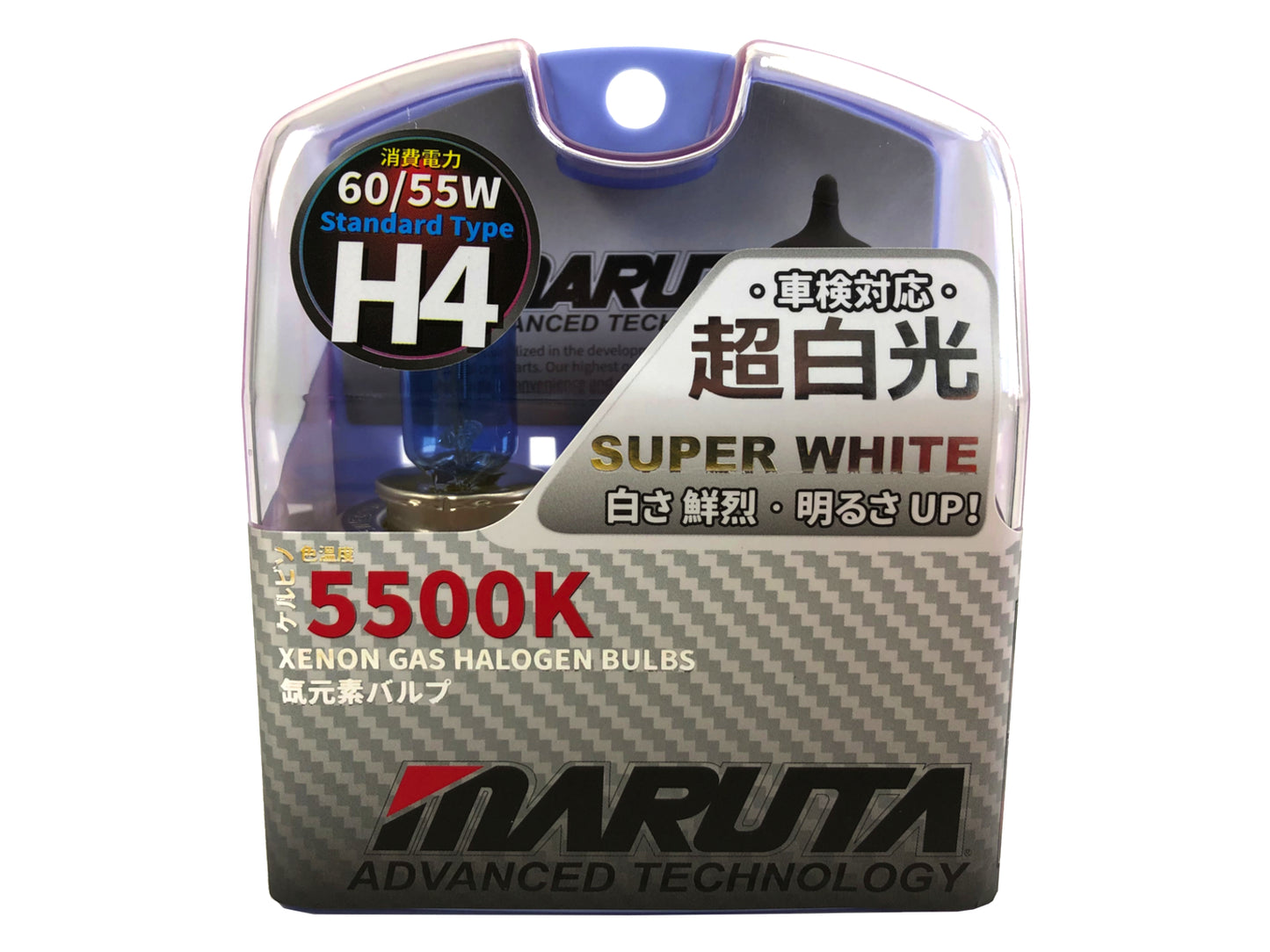 MARUTA SUPER WHITE H4 12V 60/55W Halogenlampe für Scheinwerfer, Abblendlicht & Fernlicht, 5500K Xenon-Effekt, langlebige Xenon-Gas Birne mit hochwertigem Quarzglas & Straßenzulassung (ECE Prüfzeichen) - Bild 1