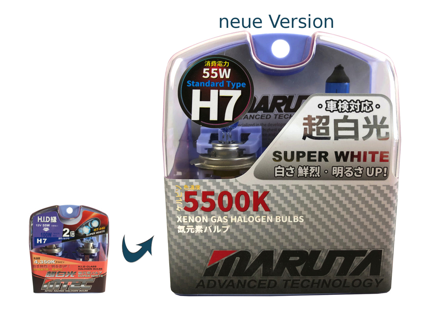 MARUTA SUPER WHITE H7 12V 55W Halogenlampe für Scheinwerfer Abblendlicht  5500K Xenon-Effekt langlebige Xenon-Gas Birne mit hochwertigem Quarzglas &  Straßenzulassung (ECE Prüfzeichen)