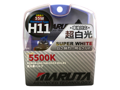 MARUTA SUPER WHITE H11 12V 55W Halogenlampe für Scheinwerfer, Nebellicht & Tagfahrlicht, 5500K Xenon-Effekt, langlebige Xenon-Gas Birne mit hochwertigem Quarzglas & Straßenzulassung (ECE Prüfzeichen) - Bild 1